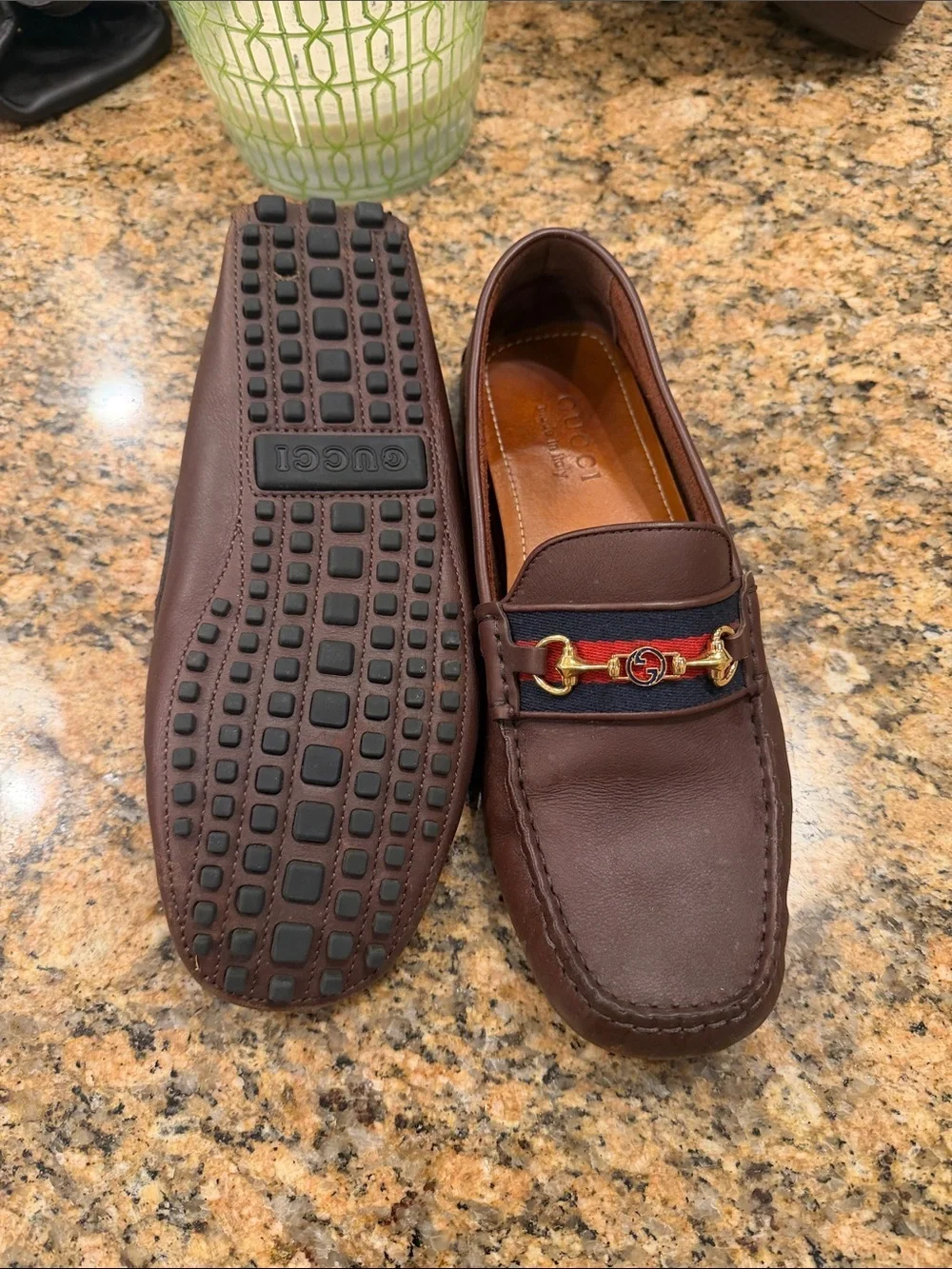Gucci Brown Leather Horsebit Loafers with Red & Blue Web